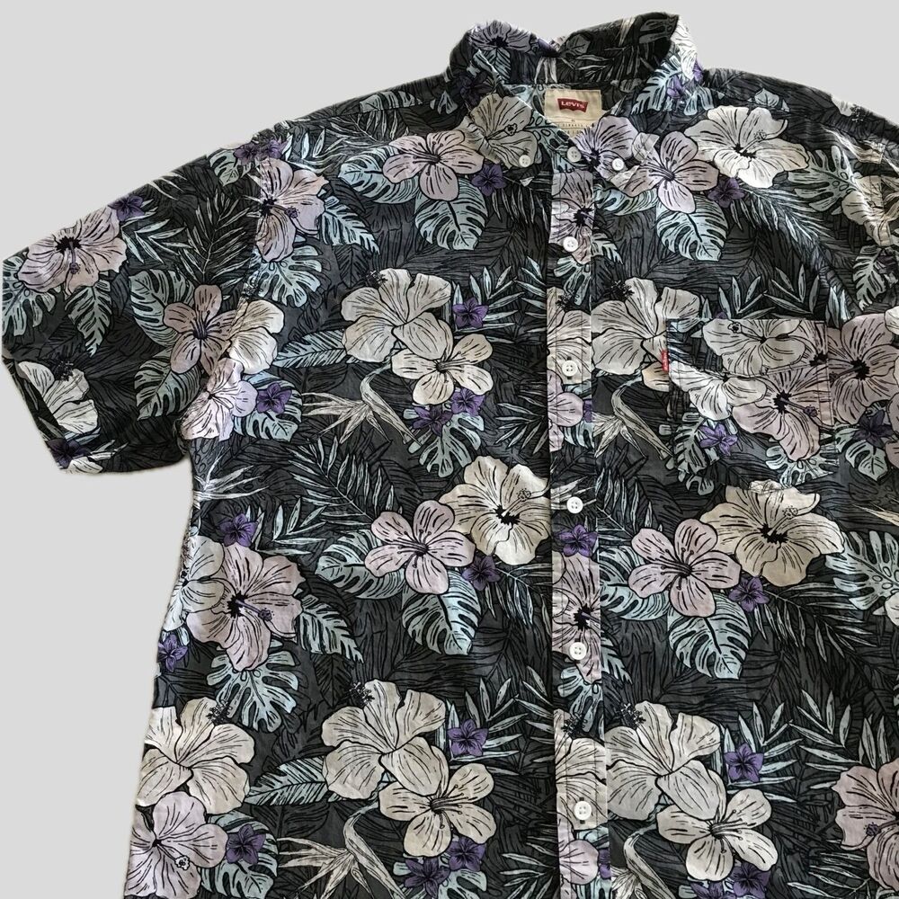 Levi's Purple Black Hawaiian Floral Print Cotton Casual Shirt, Mens Size XL
